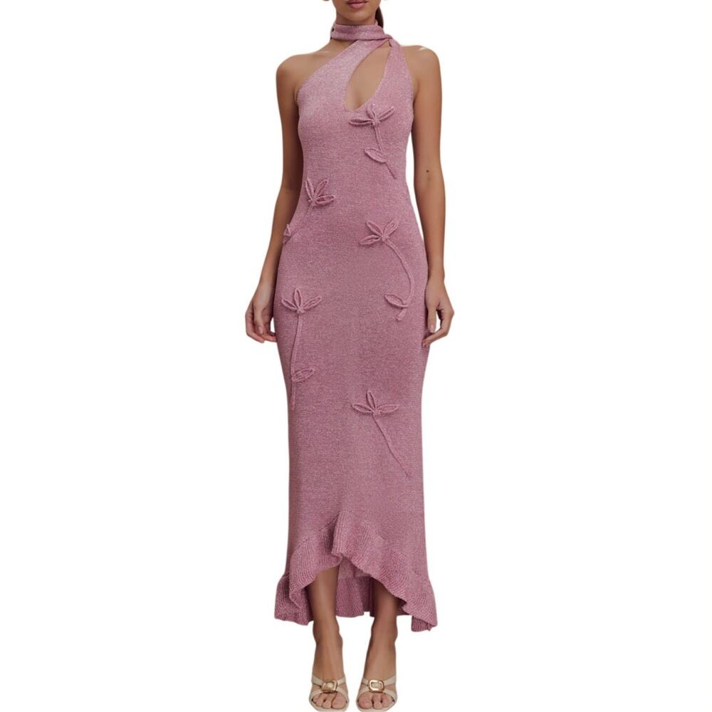 Meshki (S) Celestino Pink Metallic Knit Floral Appliqué Maxi Dress Halter Resort